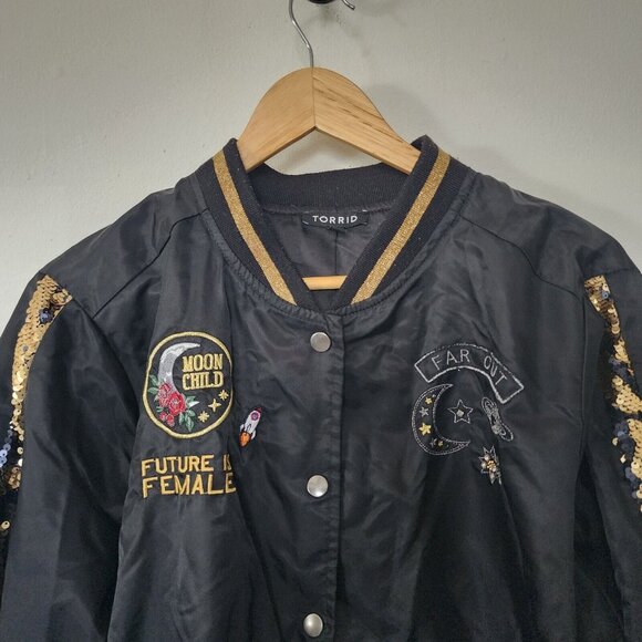 Torrid I Need My Space Jacket Sequin Bomber Pearl Snap Button 2 - Picture 3 of 4